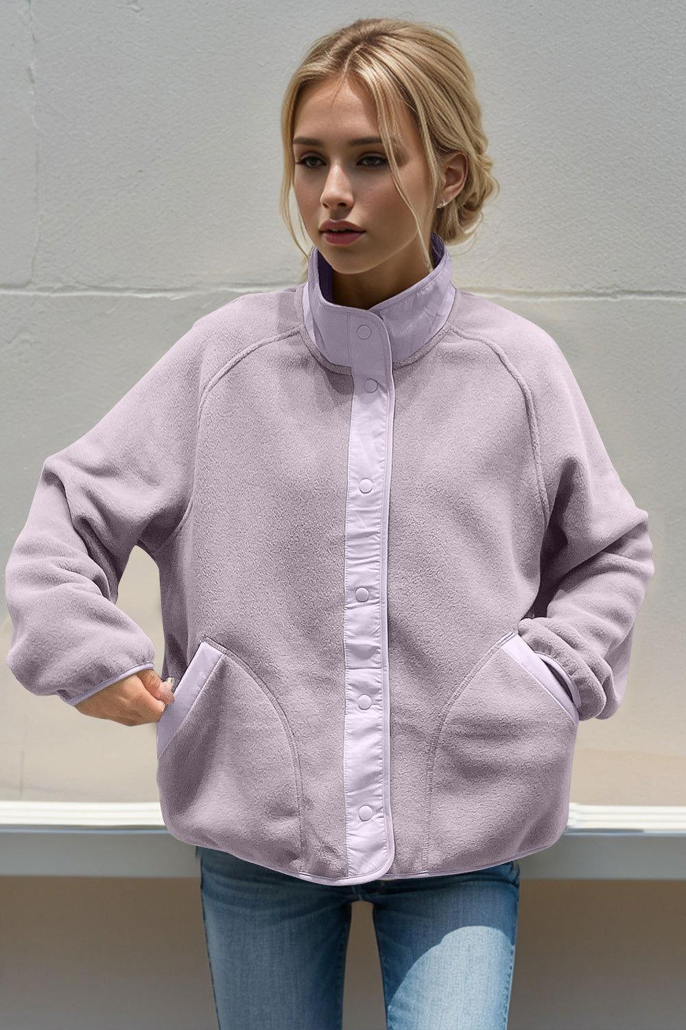 Double Take Snap Down Contrast Fleece Jacket with Pockets - Clothes For Her Online Store