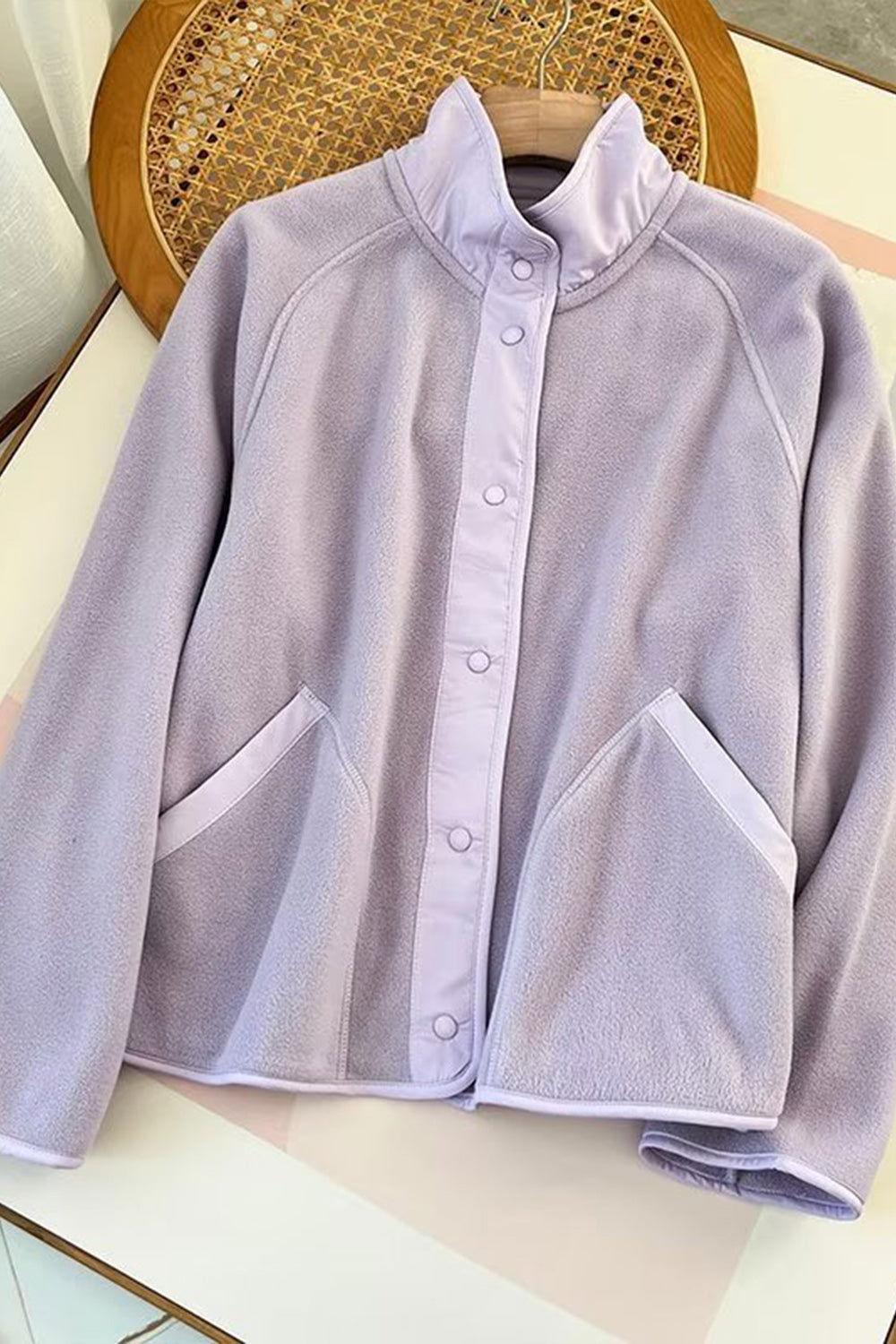 Double Take Snap Down Contrast Fleece Jacket with Pockets - Clothes For Her Online Store