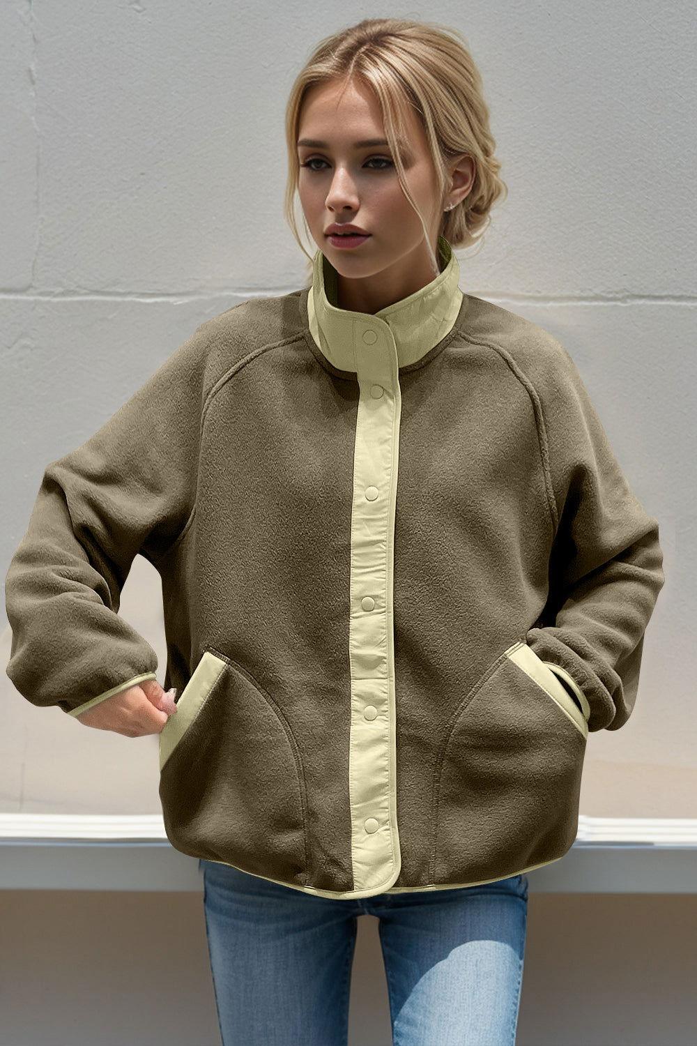Double Take Snap Down Contrast Fleece Jacket with Pockets - Clothes For Her Online Store
