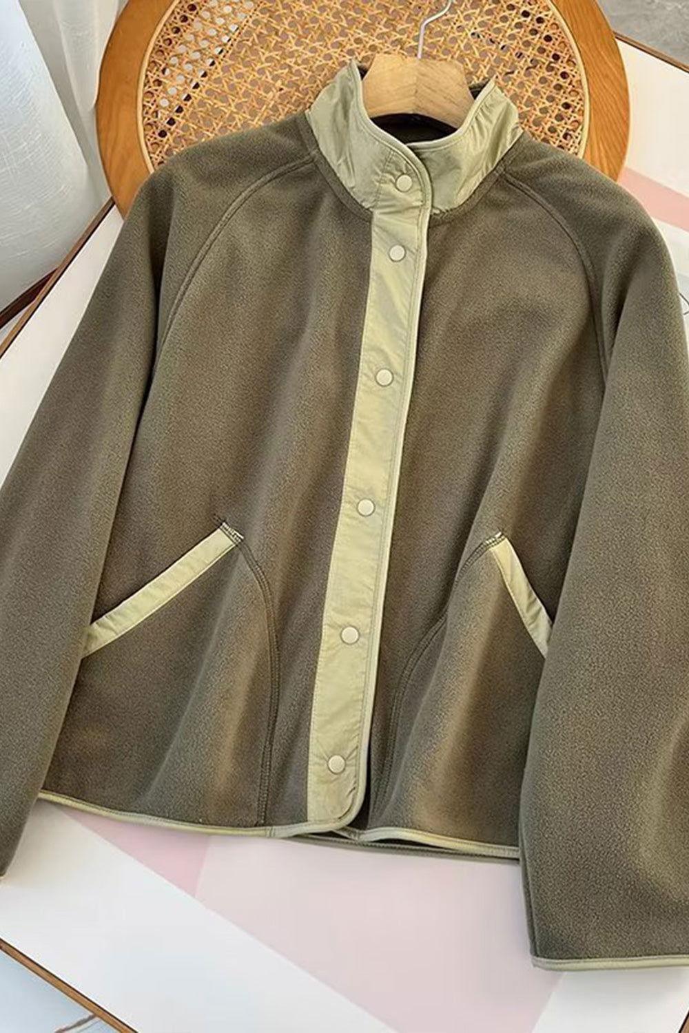 Double Take Snap Down Contrast Fleece Jacket with Pockets - Clothes For Her Online Store