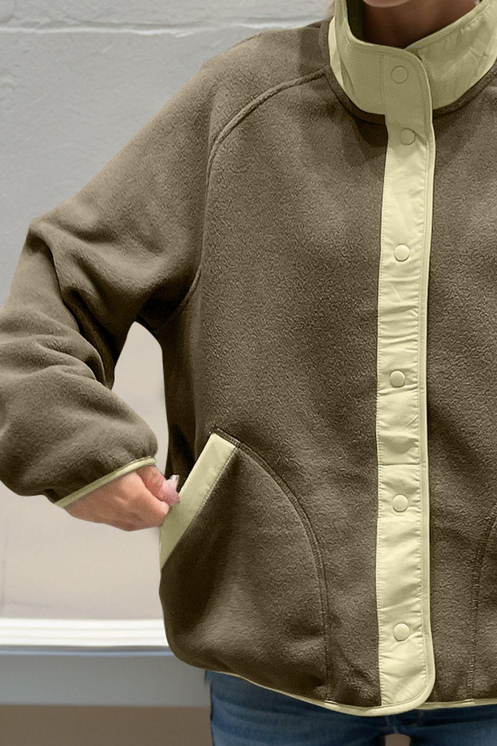 Double Take Snap Down Contrast Fleece Jacket with Pockets - Clothes For Her Online Store