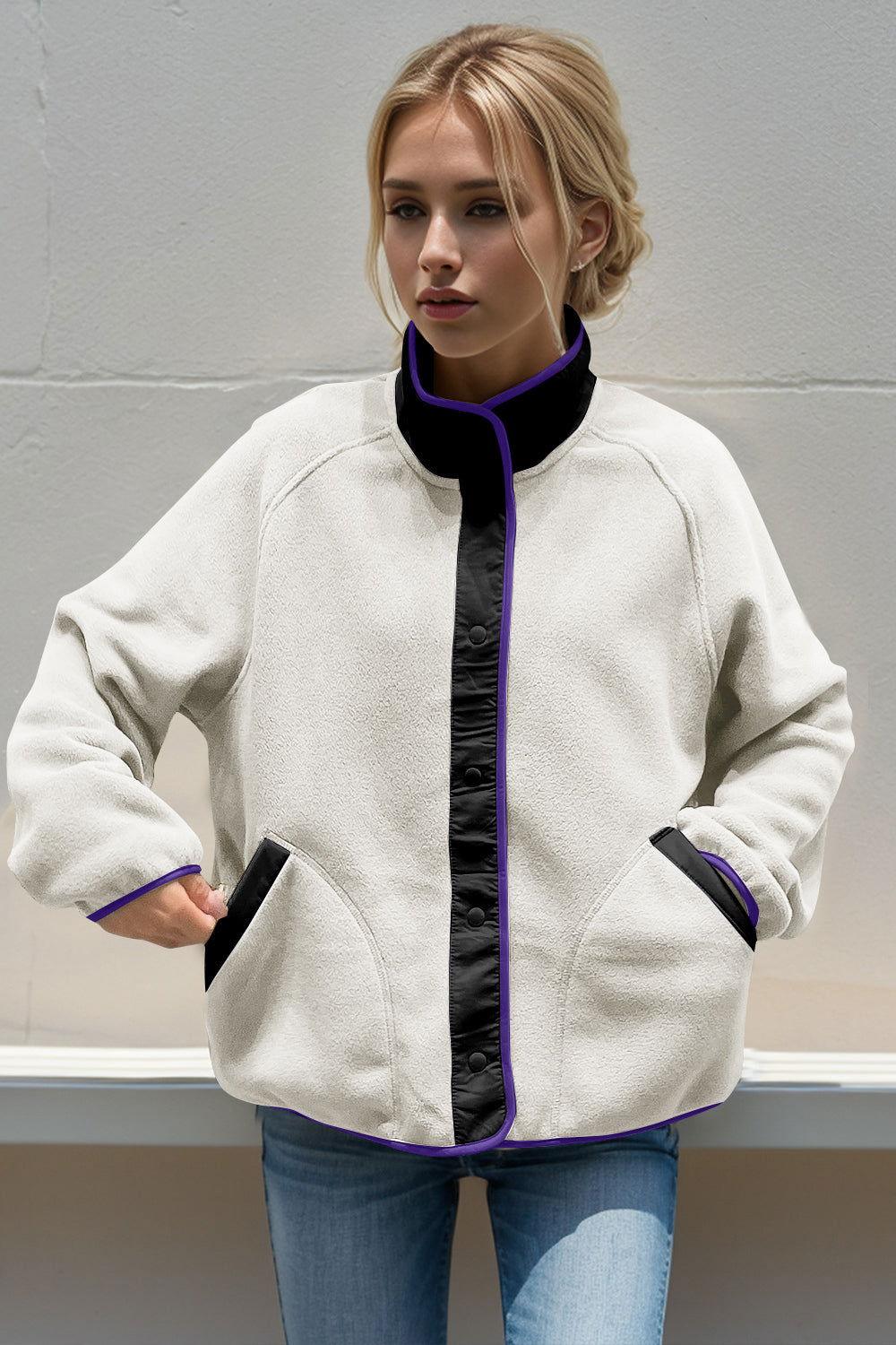 Double Take Snap Down Contrast Fleece Jacket with Pockets - Clothes For Her Online Store