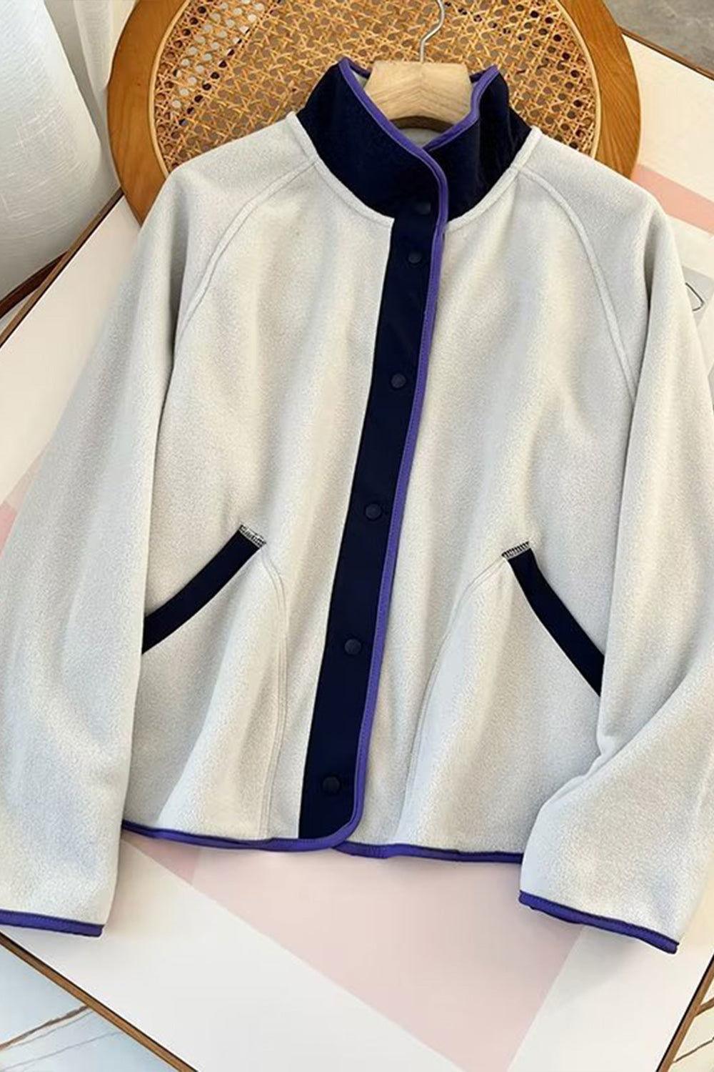 Double Take Snap Down Contrast Fleece Jacket with Pockets - Clothes For Her Online Store