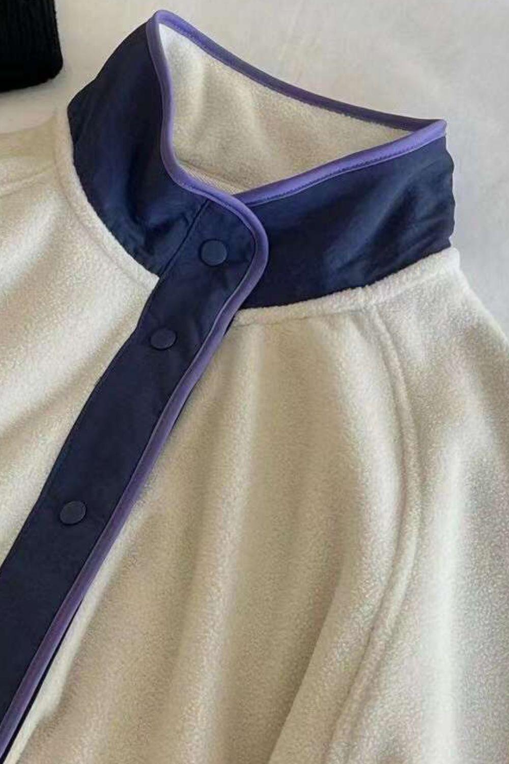 Double Take Snap Down Contrast Fleece Jacket with Pockets - Clothes For Her Online Store