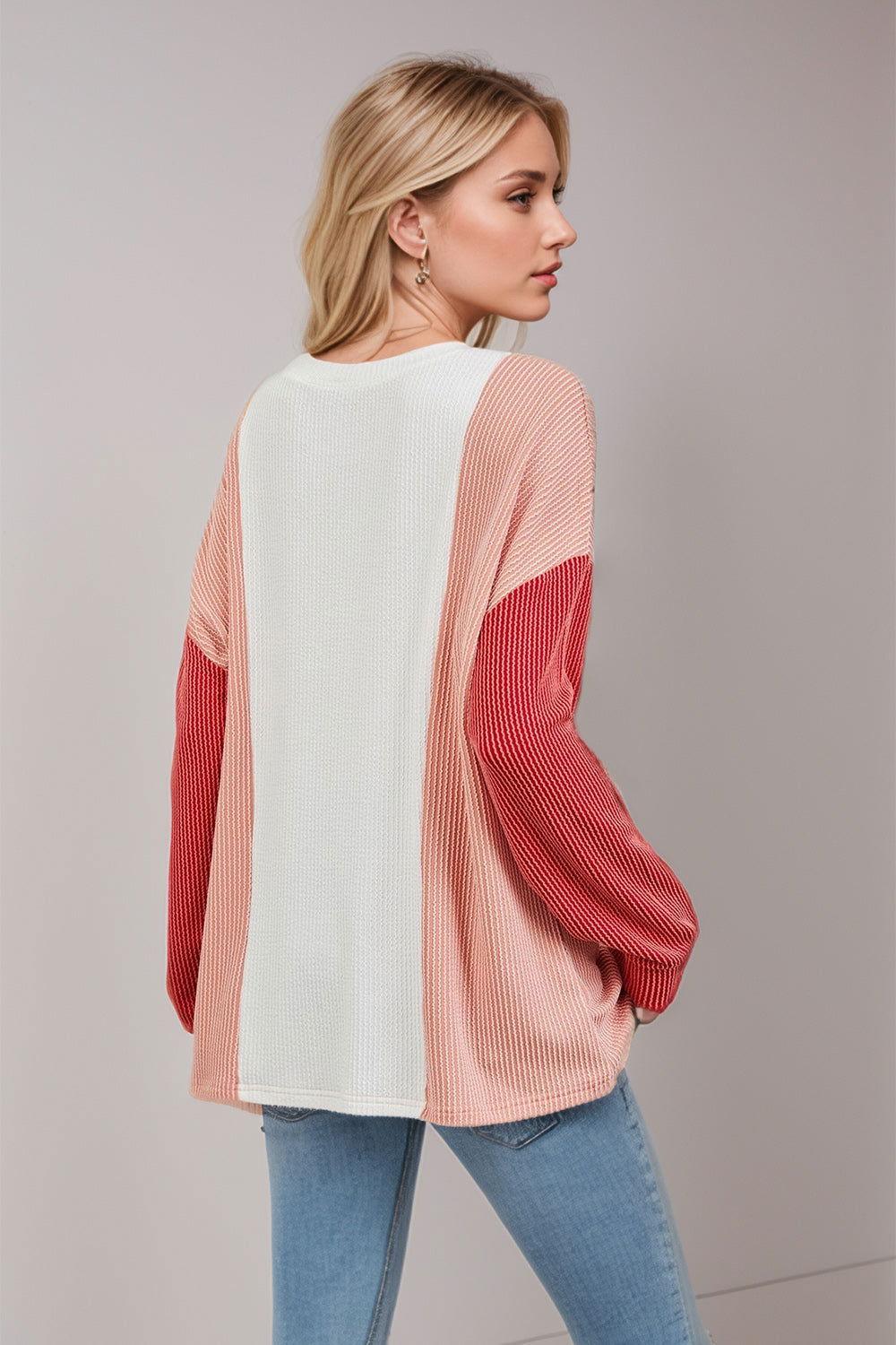 Double Take Texture Contrast Round Neck Long Sleeve T-Shirt - Clothes For Her Online Store