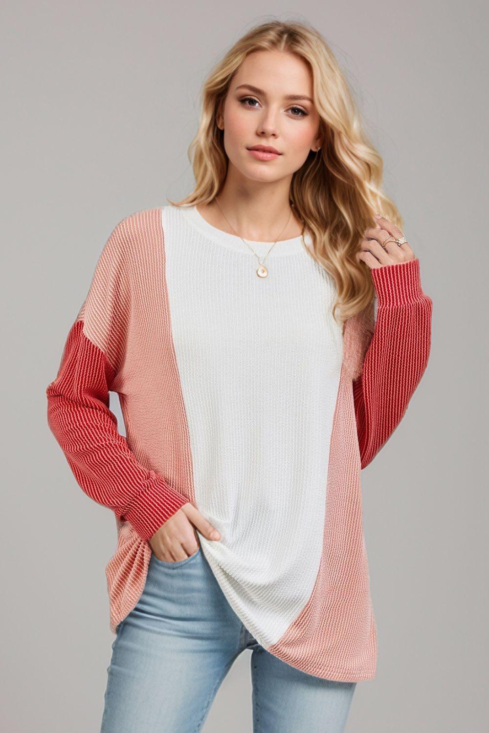 Double Take Texture Contrast Round Neck Long Sleeve T-Shirt - Clothes For Her Online Store