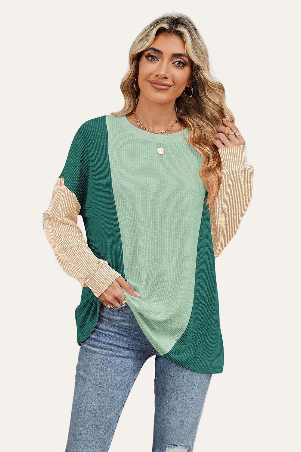 Double Take Texture Contrast Round Neck Long Sleeve T-Shirt - Clothes For Her Online Store