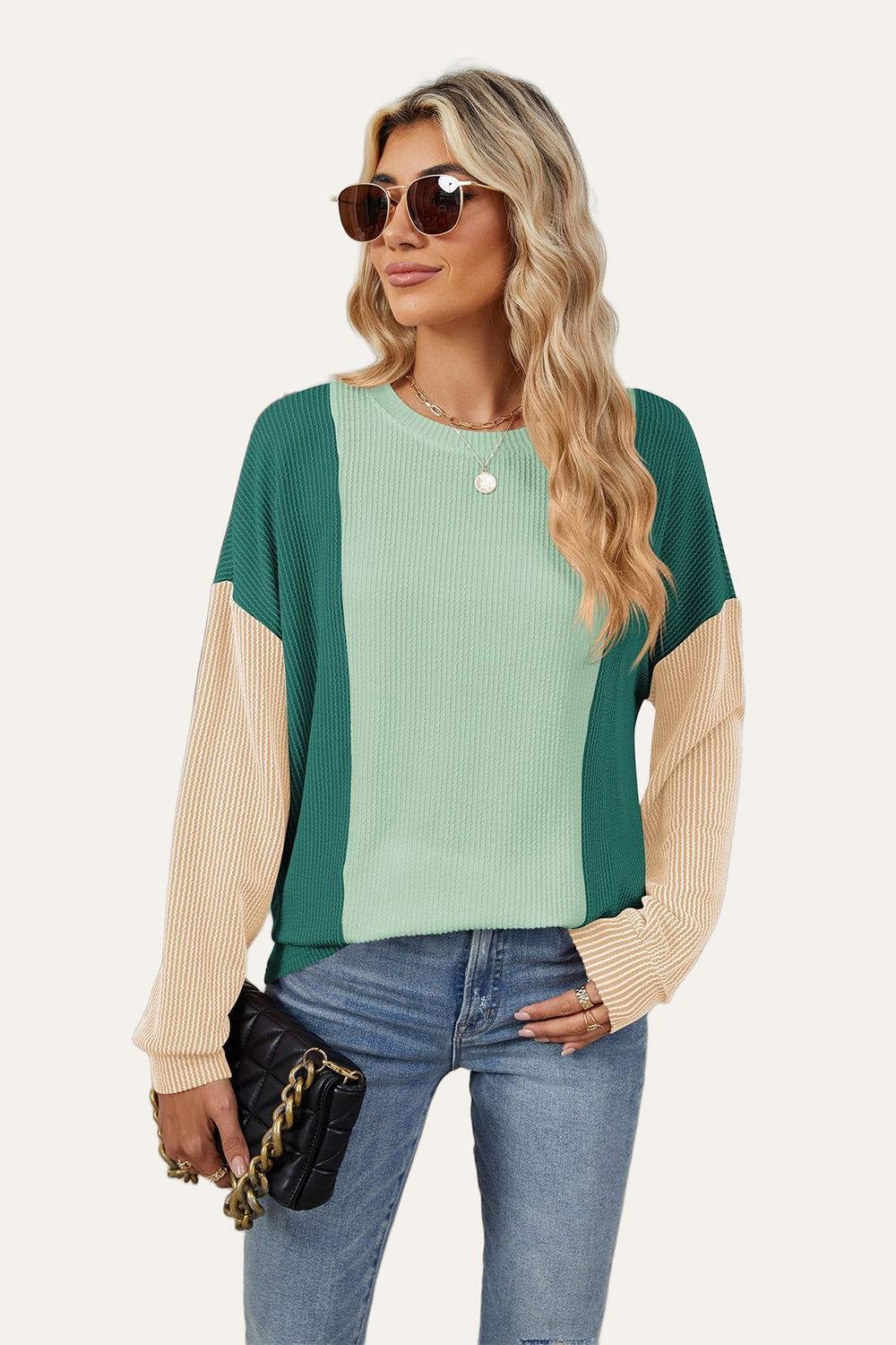 Double Take Texture Contrast Round Neck Long Sleeve T-Shirt - Clothes For Her Online Store