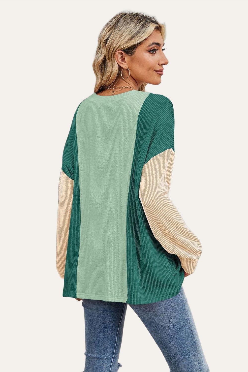 Double Take Texture Contrast Round Neck Long Sleeve T-Shirt - Clothes For Her Online Store