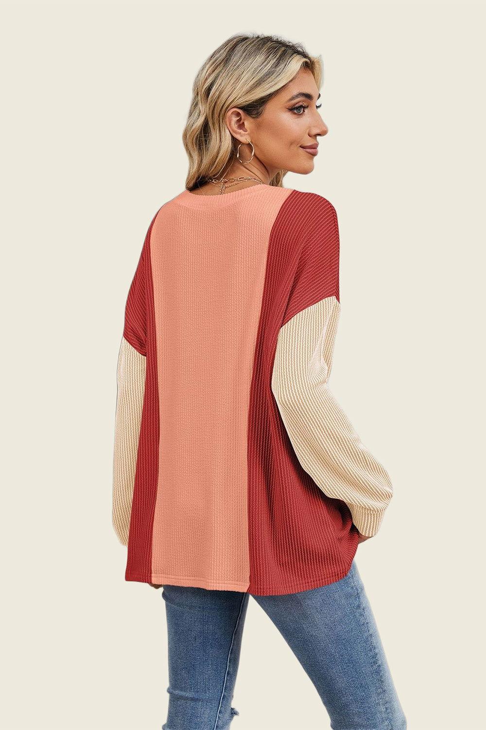 Double Take Texture Contrast Round Neck Long Sleeve T-Shirt - Clothes For Her Online Store