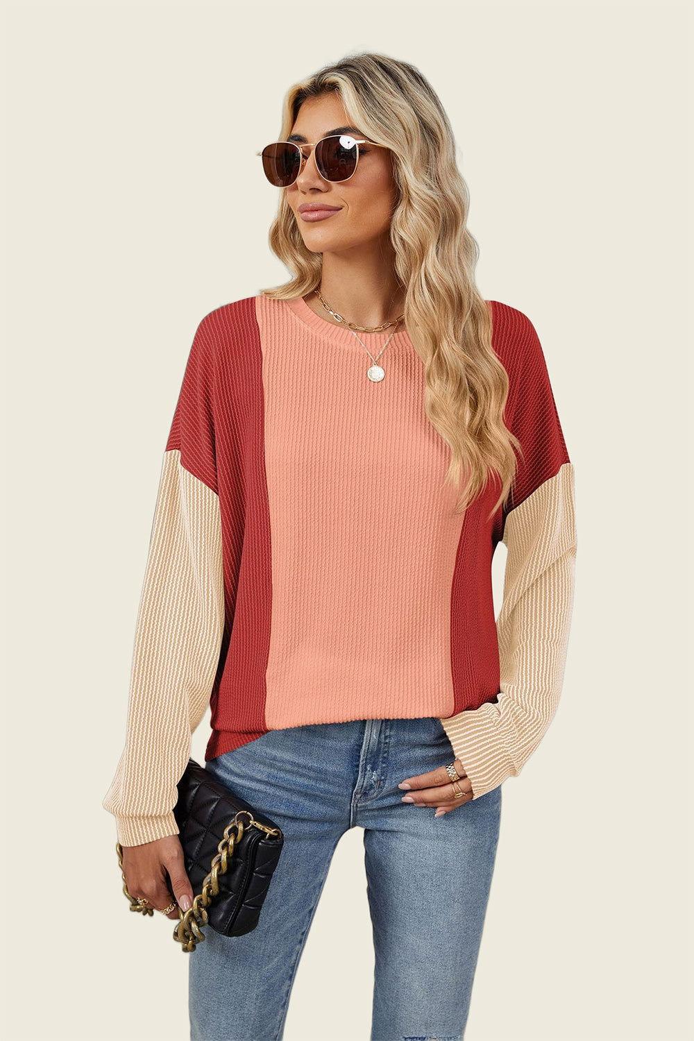 Double Take Texture Contrast Round Neck Long Sleeve T-Shirt - Clothes For Her Online Store