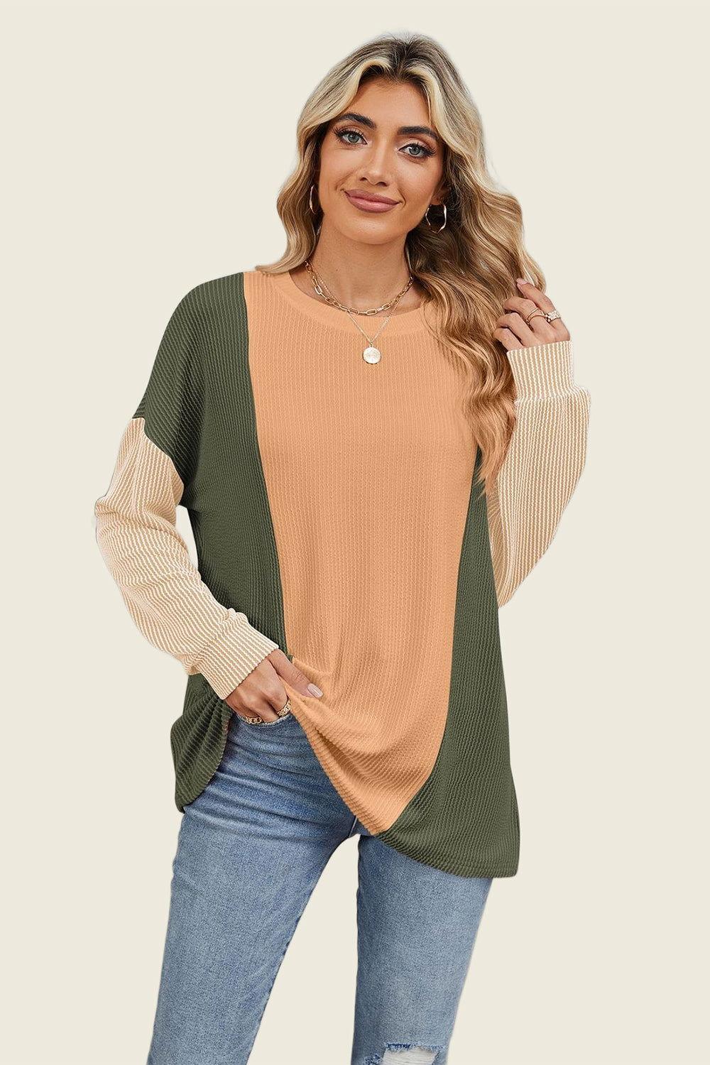 Double Take Texture Contrast Round Neck Long Sleeve T-Shirt - Clothes For Her Online Store