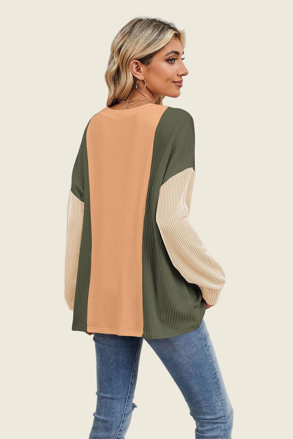 Double Take Texture Contrast Round Neck Long Sleeve T-Shirt - Clothes For Her Online Store