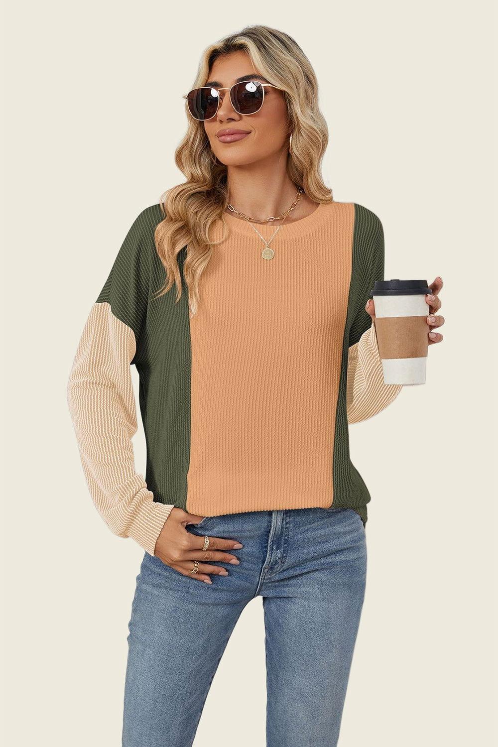 Double Take Texture Contrast Round Neck Long Sleeve T-Shirt - Clothes For Her Online Store