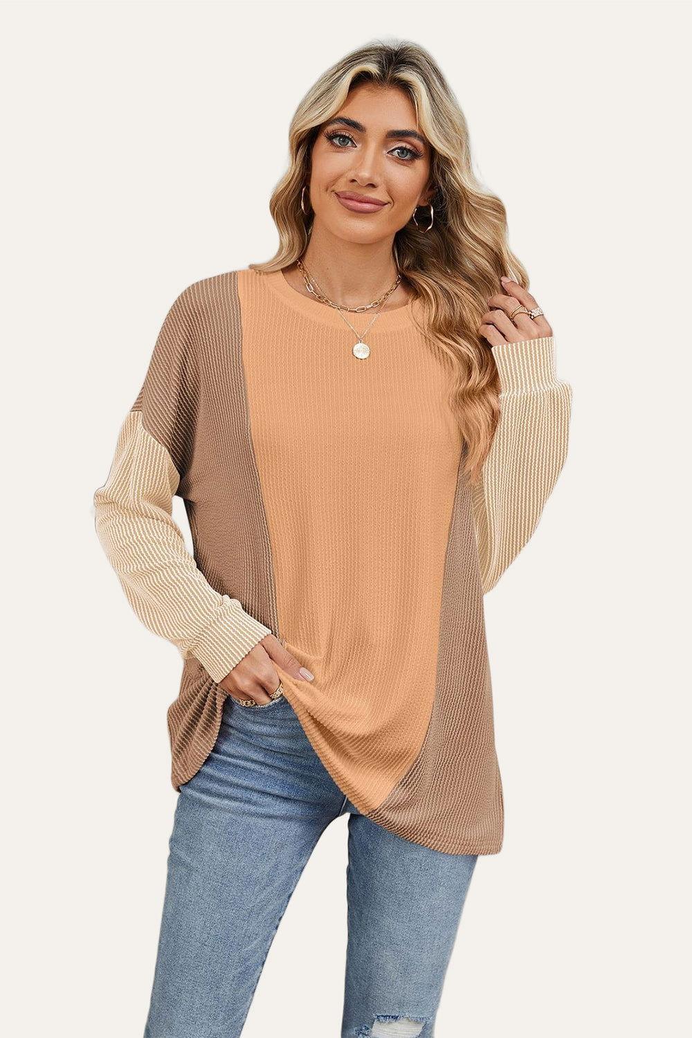 Double Take Texture Contrast Round Neck Long Sleeve T-Shirt - Clothes For Her Online Store
