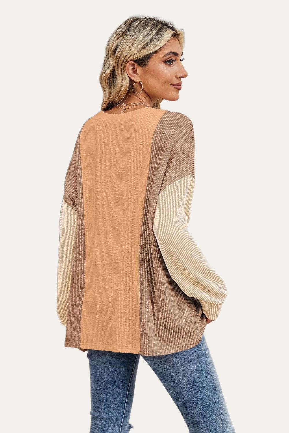 Double Take Texture Contrast Round Neck Long Sleeve T-Shirt - Clothes For Her Online Store