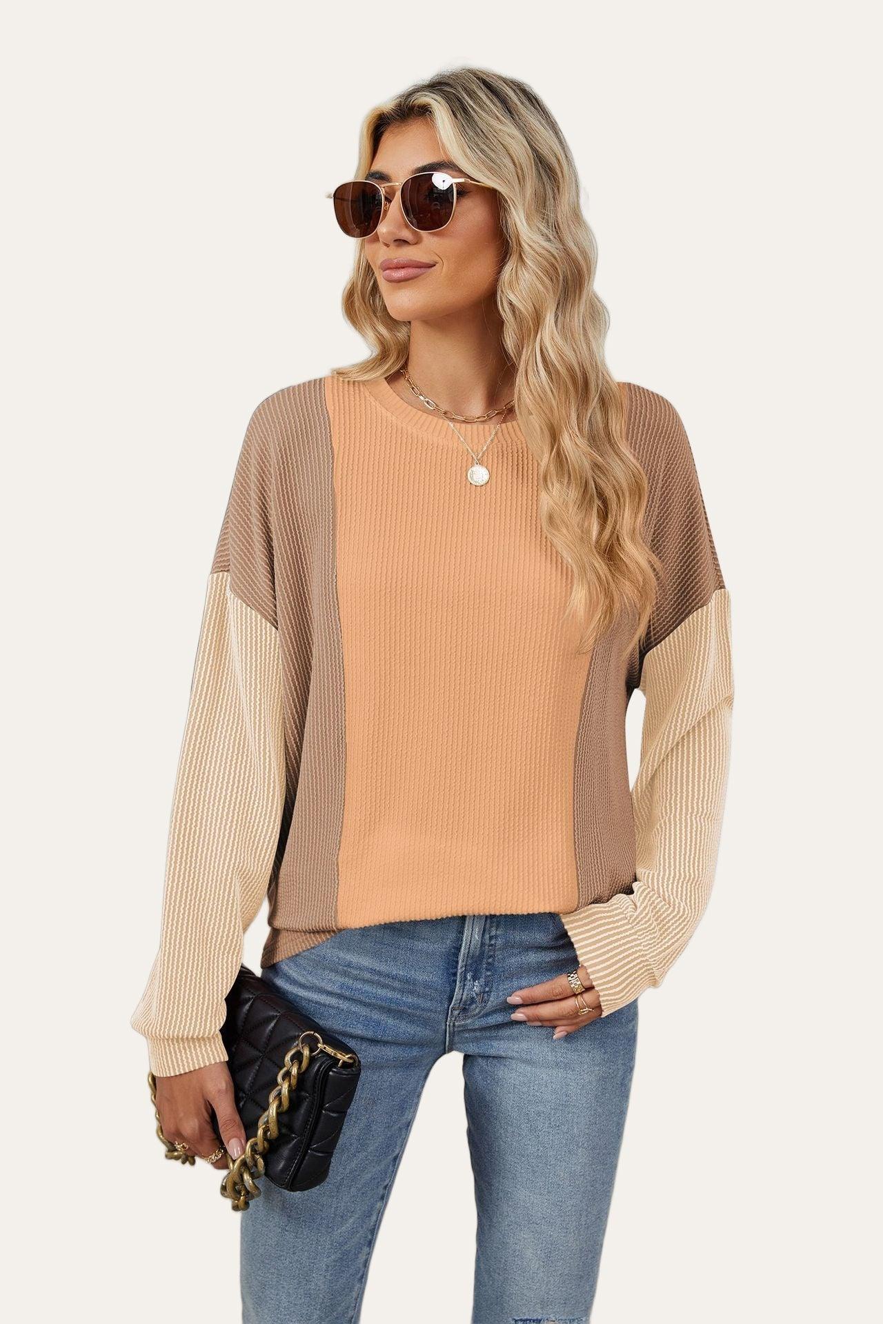 Double Take Texture Contrast Round Neck Long Sleeve T-Shirt - Clothes For Her Online Store
