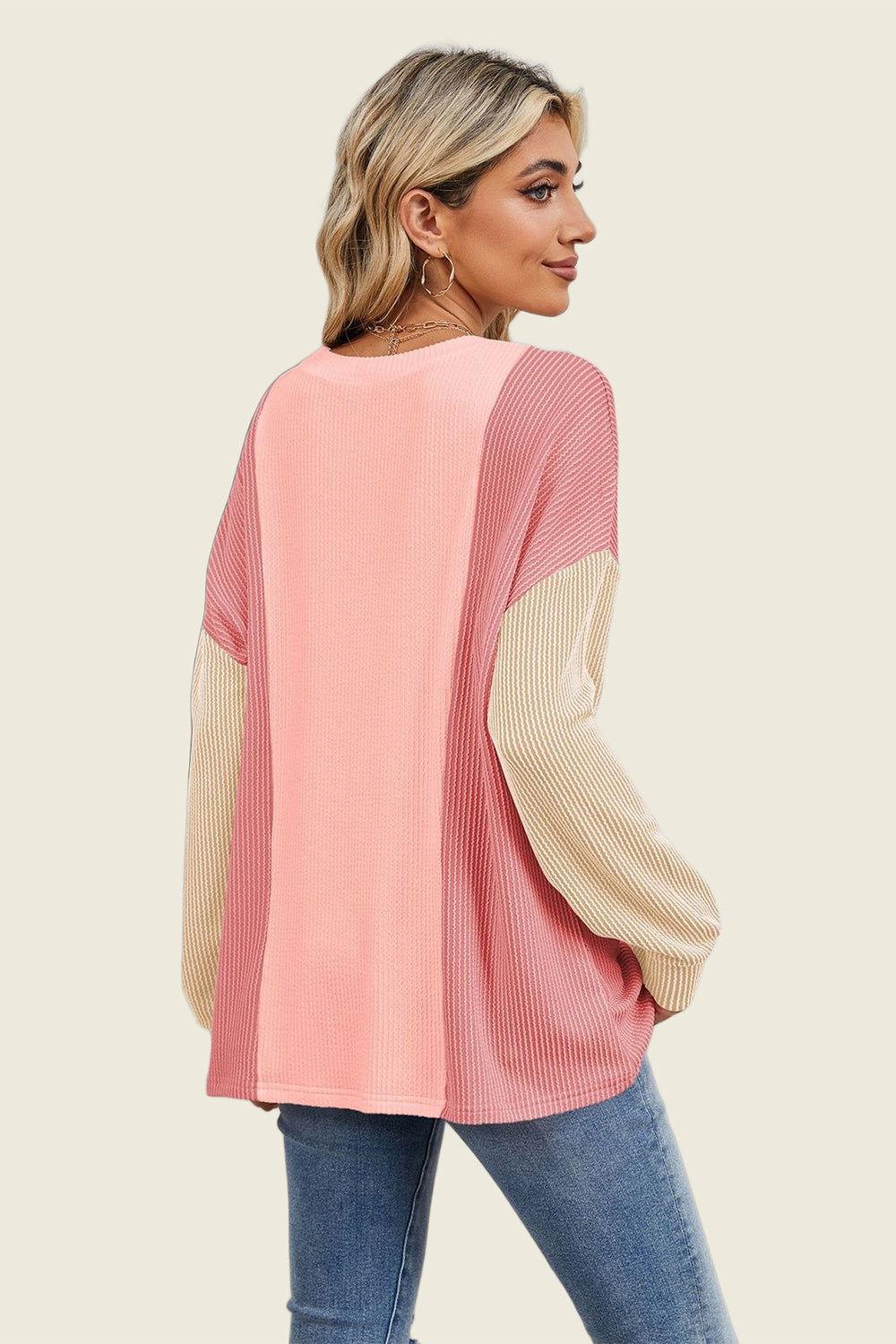 Double Take Texture Contrast Round Neck Long Sleeve T-Shirt - Clothes For Her Online Store