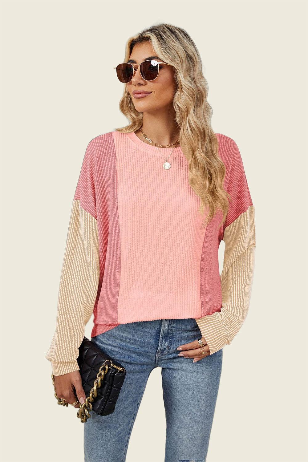 Double Take Texture Contrast Round Neck Long Sleeve T-Shirt - Clothes For Her Online Store