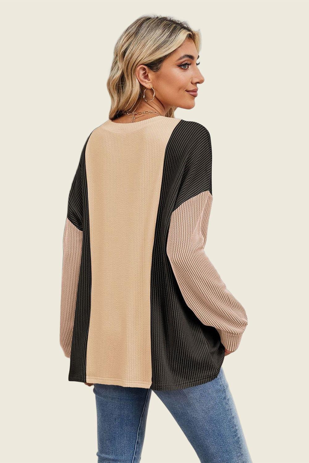 Double Take Texture Contrast Round Neck Long Sleeve T-Shirt - Clothes For Her Online Store