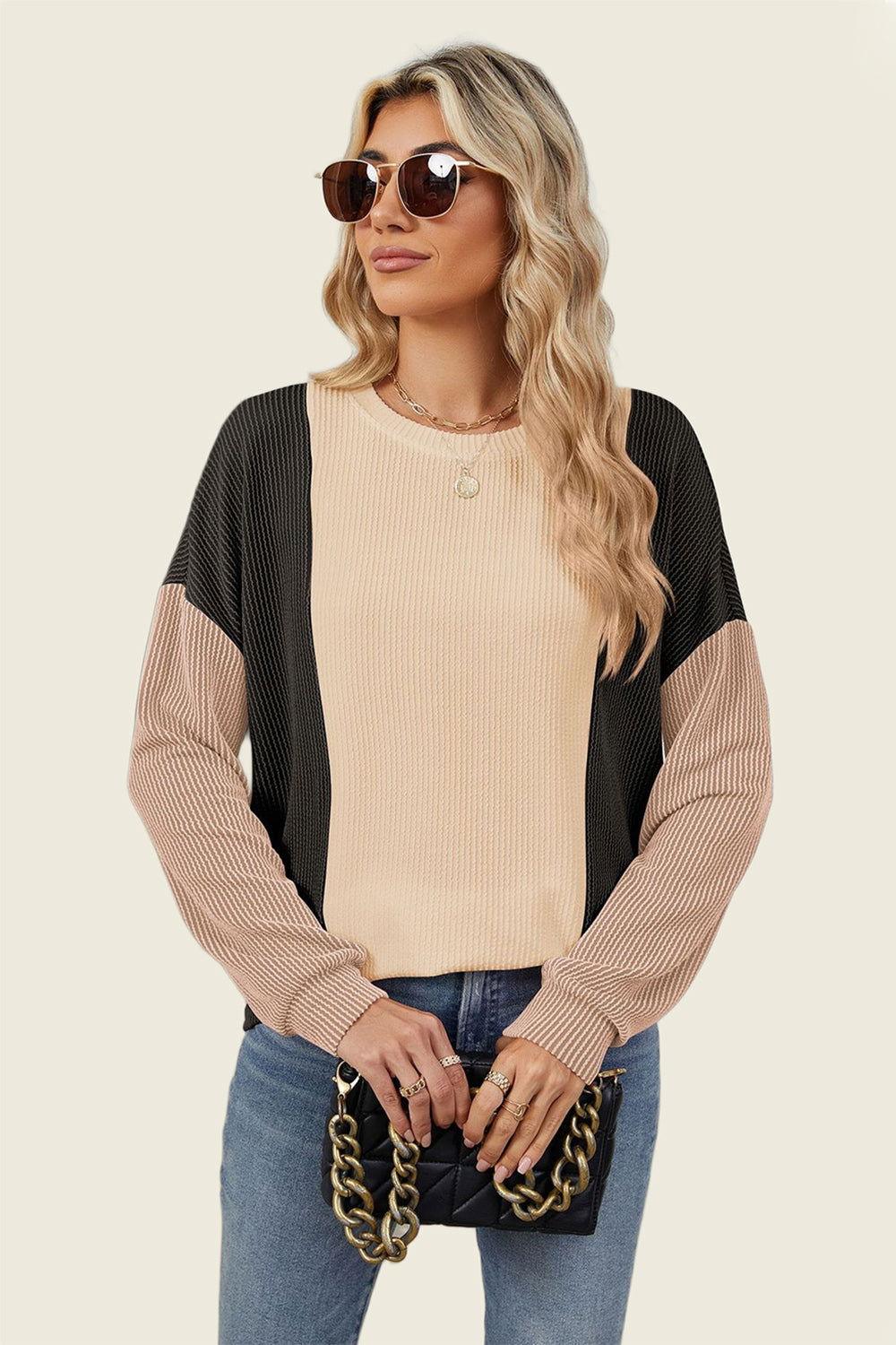 Double Take Texture Contrast Round Neck Long Sleeve T-Shirt - Clothes For Her Online Store