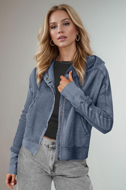 Double Take Waffle-Knit Zip Up Long Sleeve Hooded Jacket - Clothes For Her Online Store