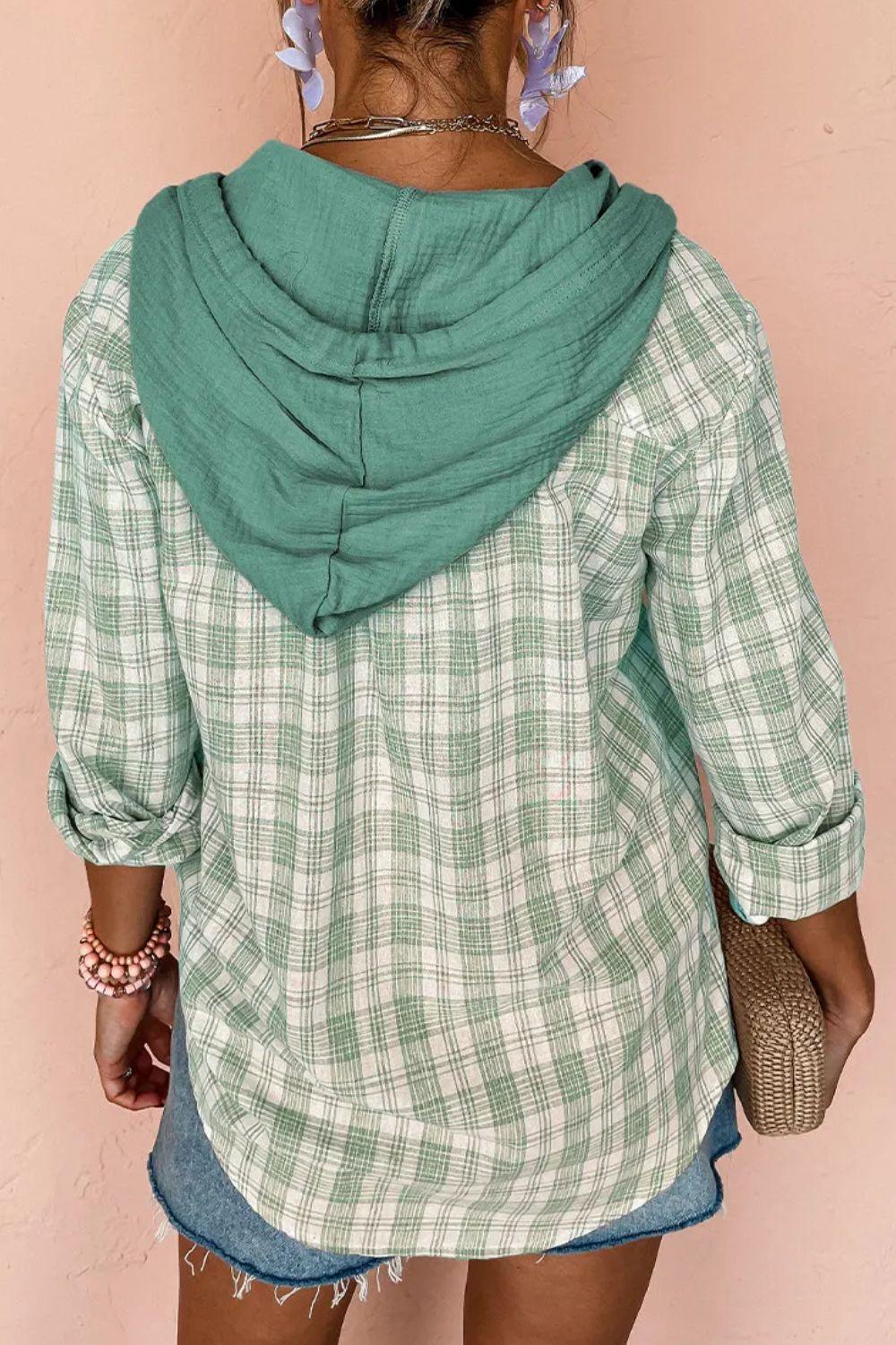 Drawstring Button Up Hooded Jacket - Clothes For Her Online Store