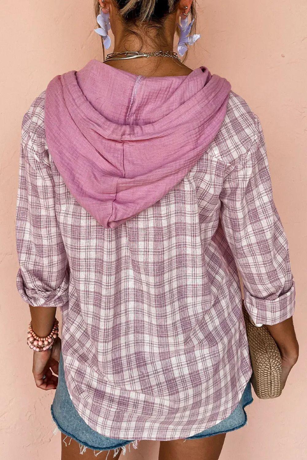 Drawstring Button Up Hooded Jacket - Clothes For Her Online Store