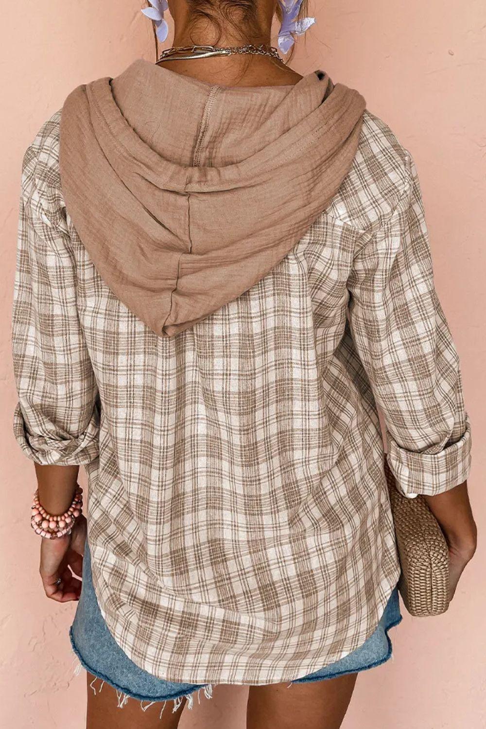 Drawstring Button Up Hooded Jacket - Clothes For Her Online Store