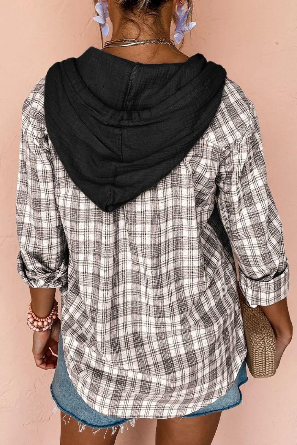 Drawstring Button Up Hooded Jacket - Clothes For Her Online Store
