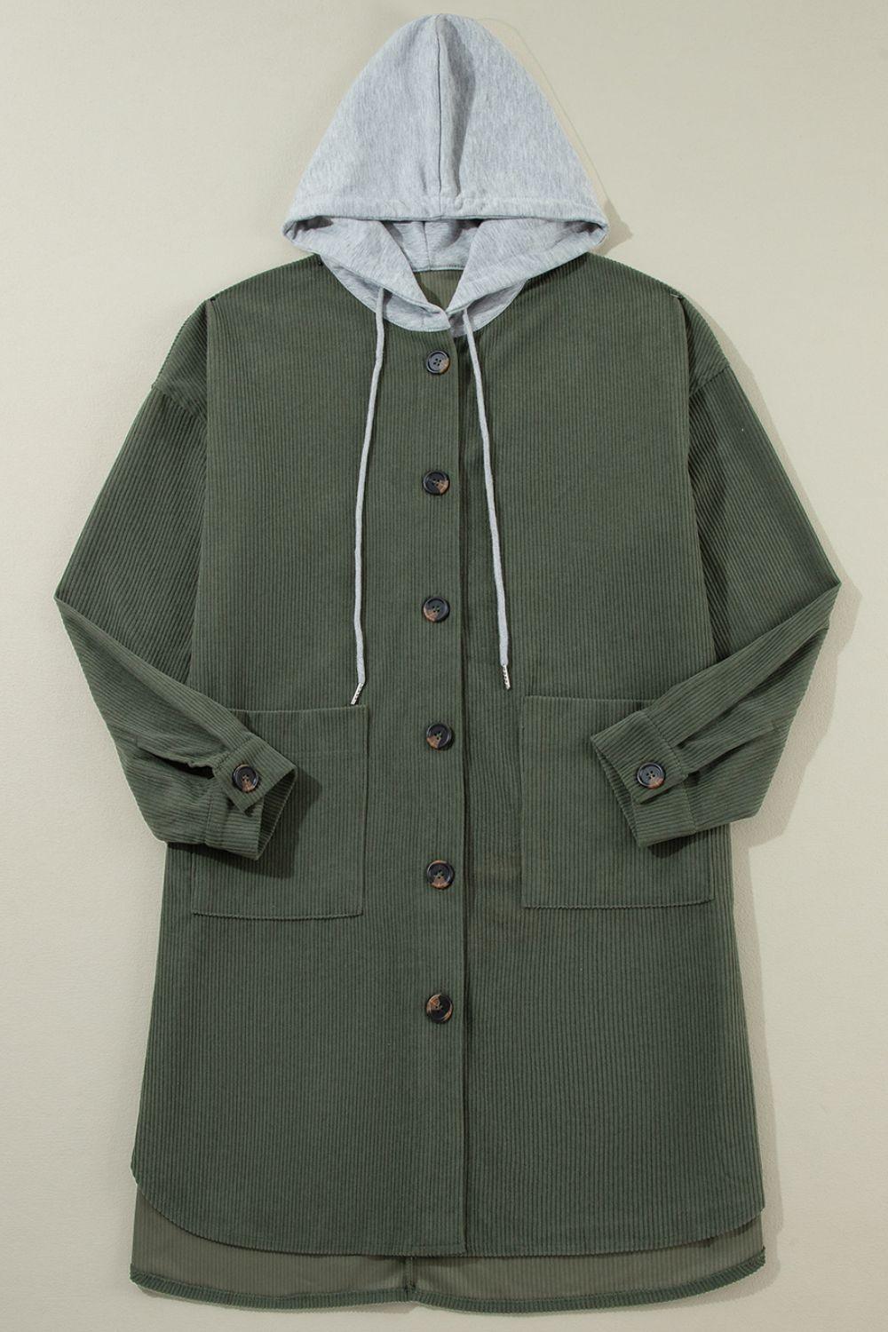 Drawstring Button Up Long Sleeve Hooded Jacket - Clothes For Her Online Store