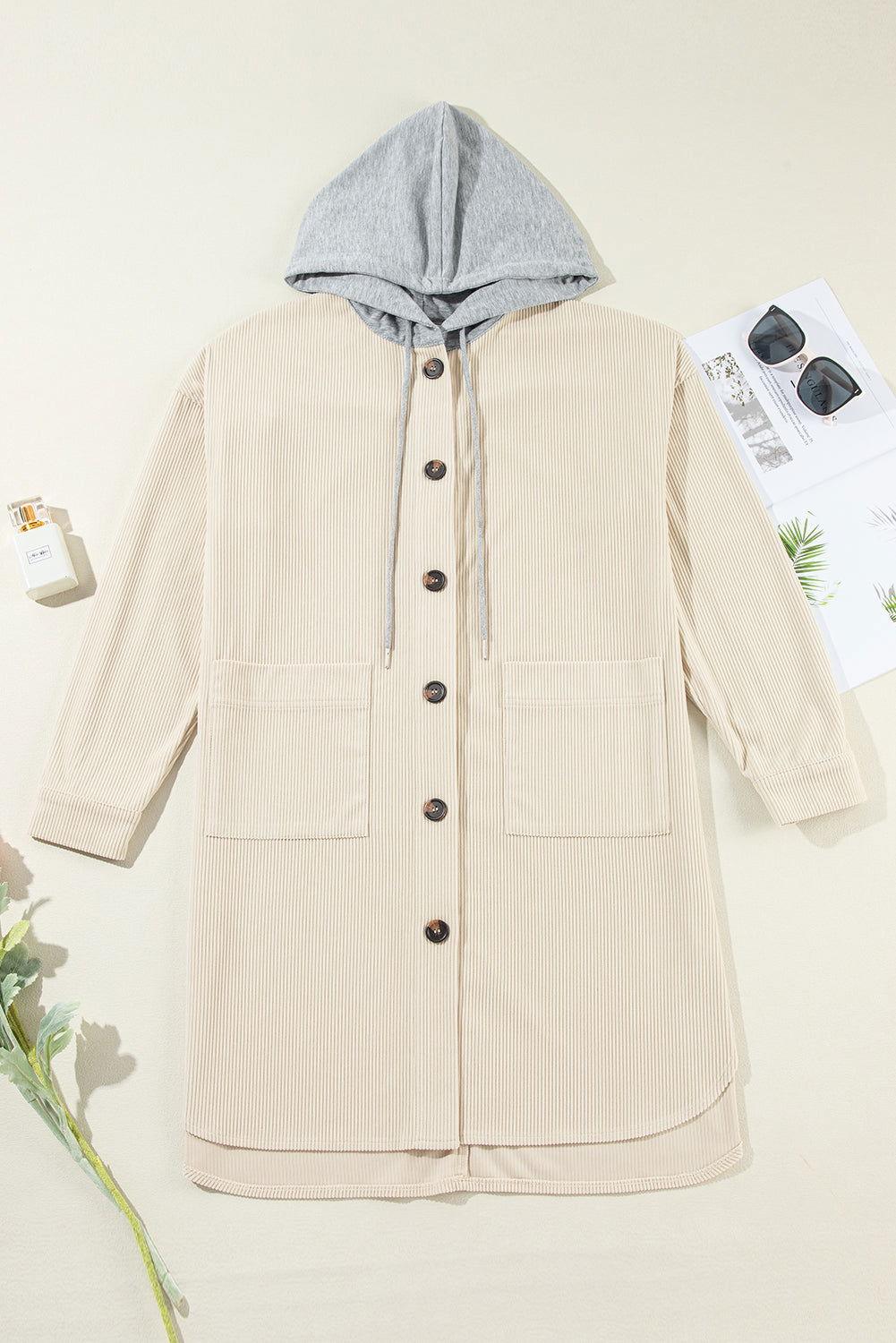 Drawstring Button Up Long Sleeve Hooded Jacket - Clothes For Her Online Store