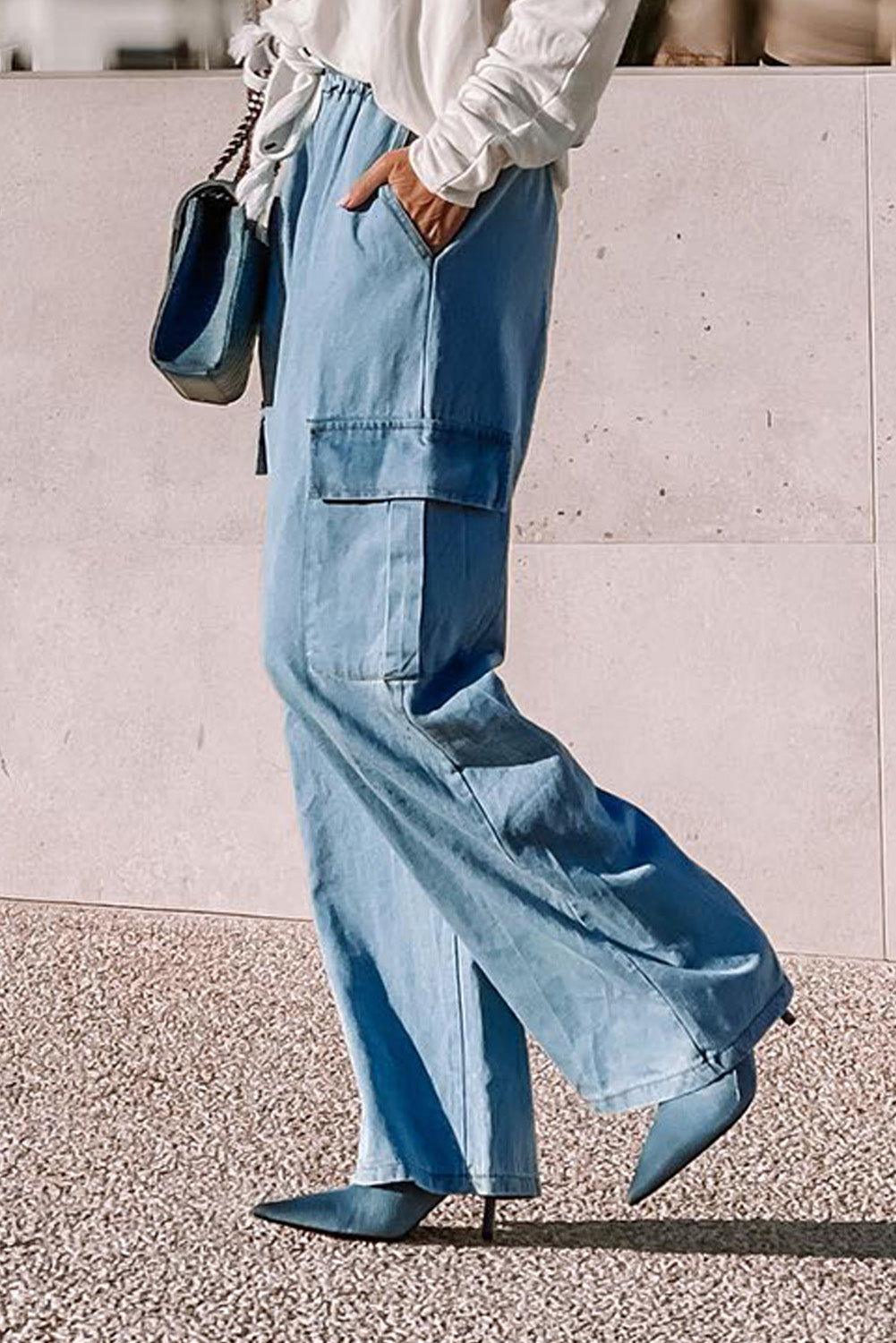 Drawstring Cargo Pocket Wide Leg Jeans - Clothes For Her Online Store