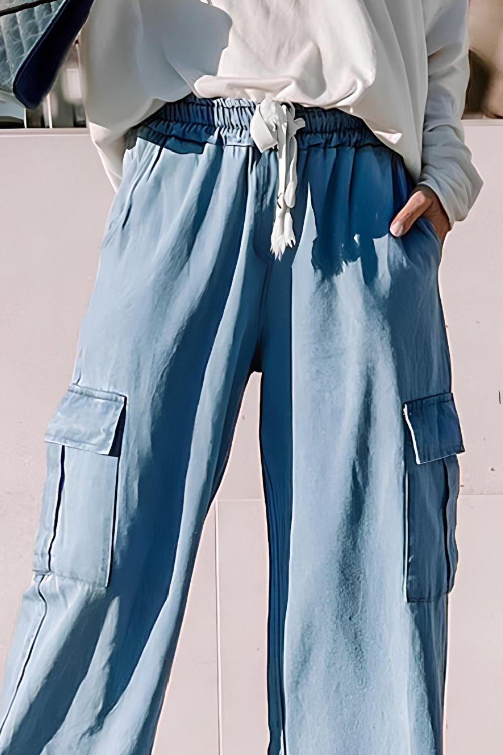 Drawstring Cargo Pocket Wide Leg Jeans - Clothes For Her Online Store