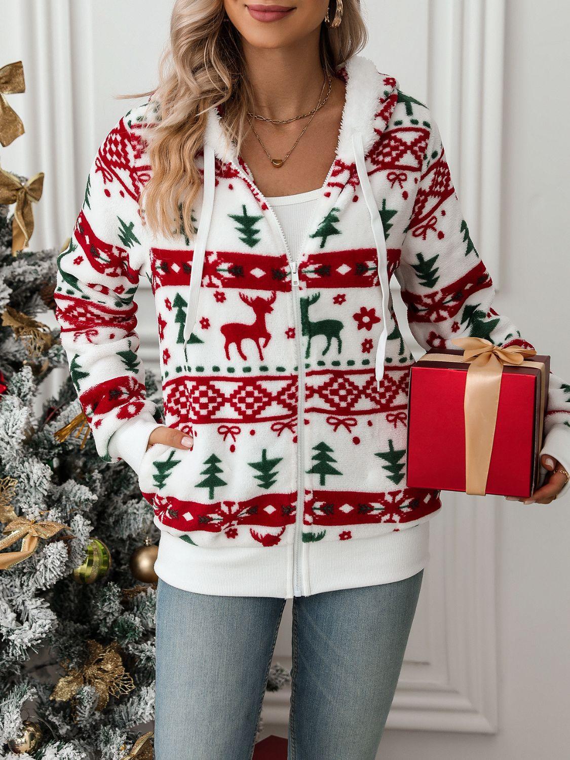Drawstring Christmas Element Zip Up Hooded Jacket - Clothes For Her Online Store