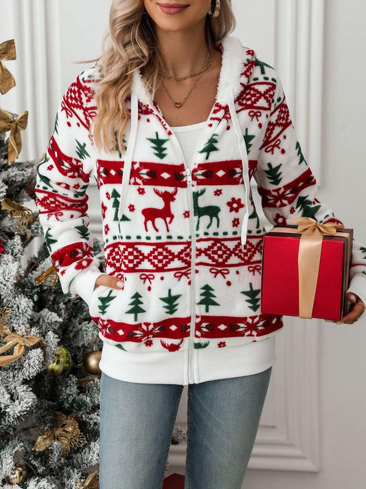 Drawstring Christmas Element Zip Up Hooded Jacket - Clothes For Her Online Store