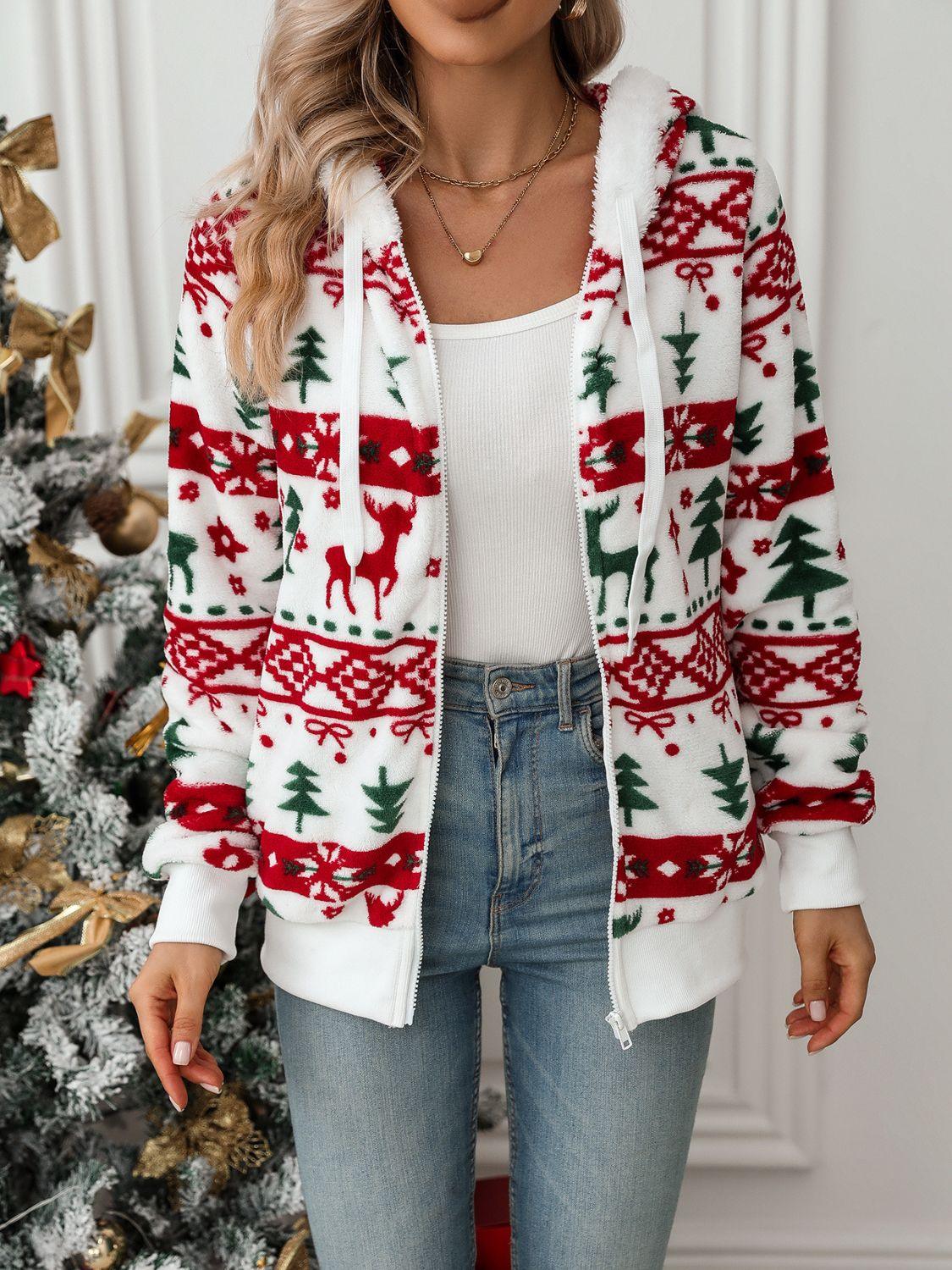 Drawstring Christmas Element Zip Up Hooded Jacket - Clothes For Her Online Store