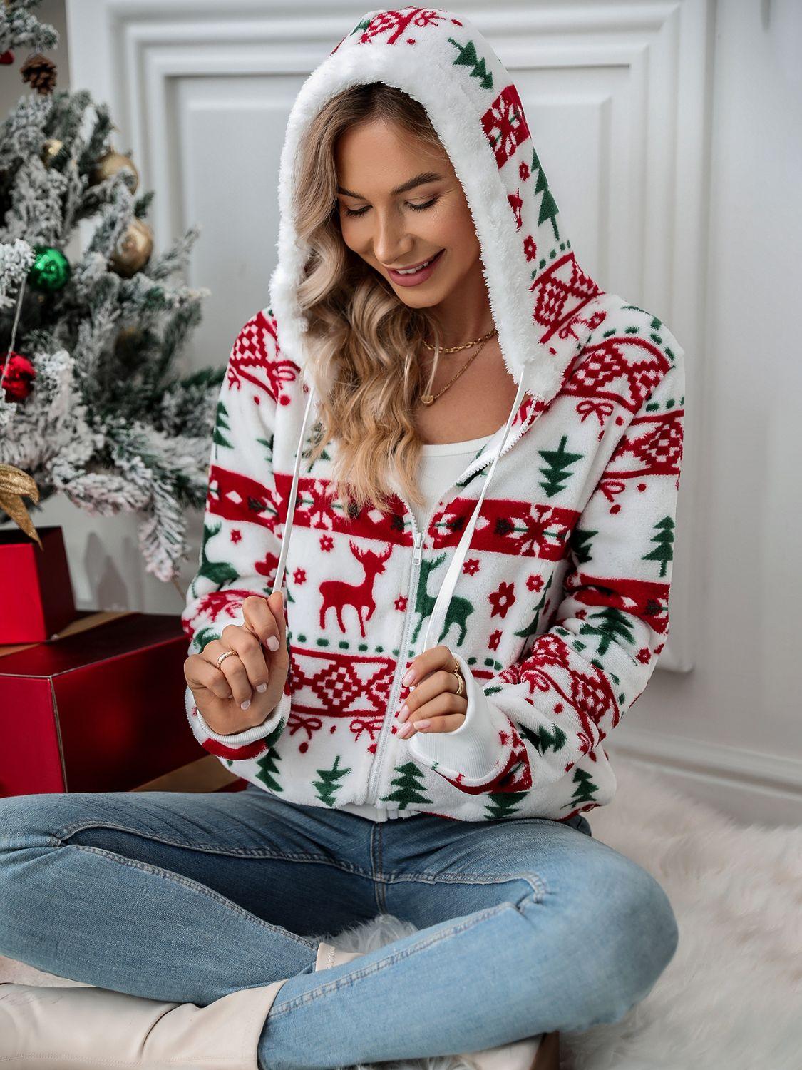 Drawstring Christmas Element Zip Up Hooded Jacket - Clothes For Her Online Store
