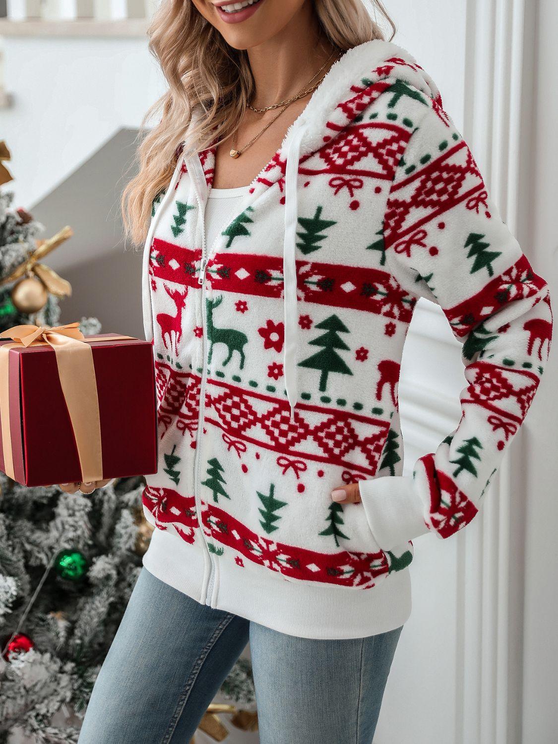 Drawstring Christmas Element Zip Up Hooded Jacket - Clothes For Her Online Store