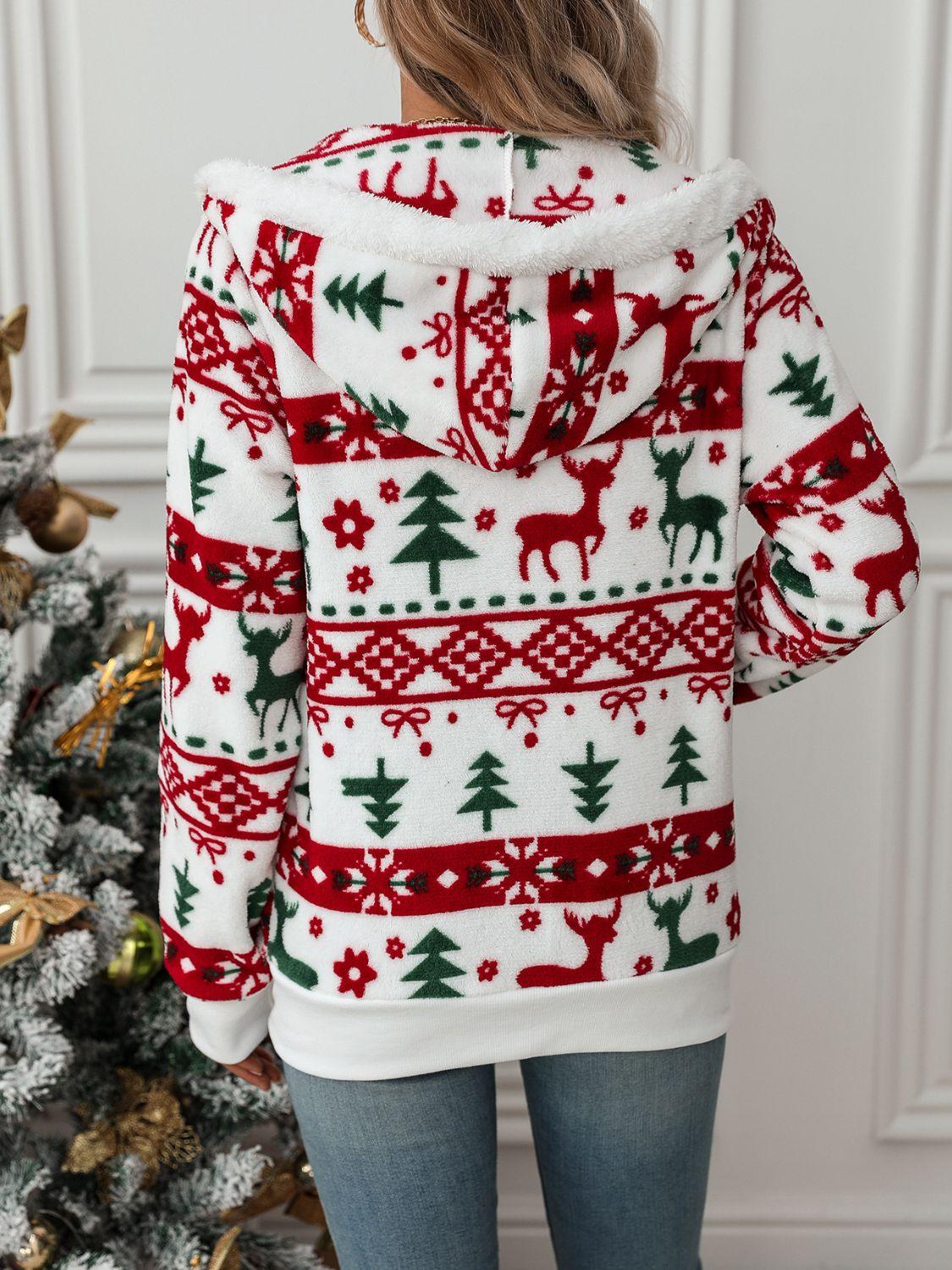 Drawstring Christmas Element Zip Up Hooded Jacket - Clothes For Her Online Store