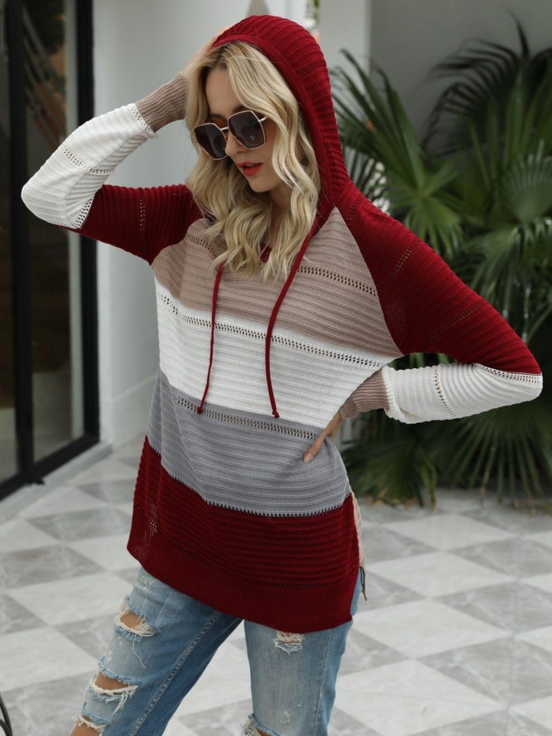 Drawstring Contrast Long Sleeve Hooded T-Shirt - Clothes For Her Online Store