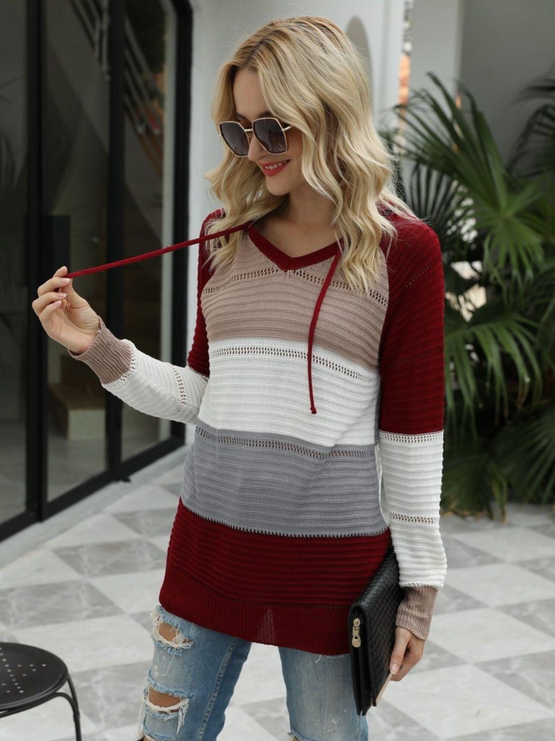 Drawstring Contrast Long Sleeve Hooded T-Shirt - Clothes For Her Online Store