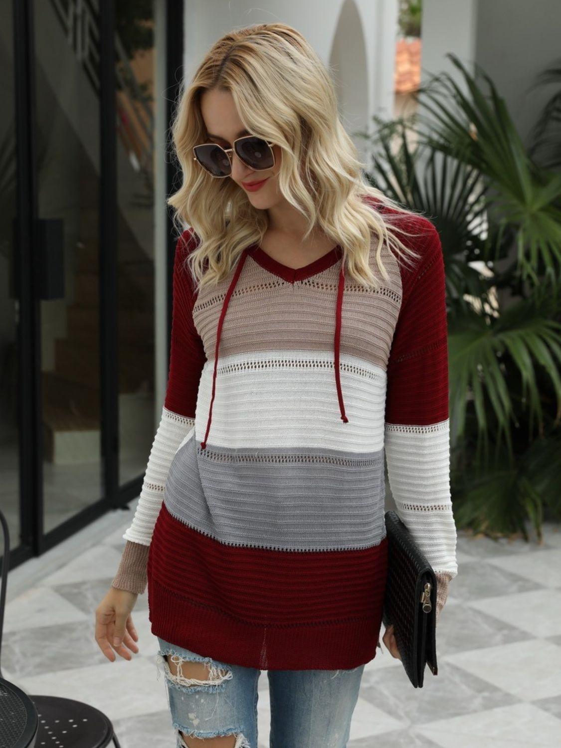 Drawstring Contrast Long Sleeve Hooded T-Shirt - Clothes For Her Online Store