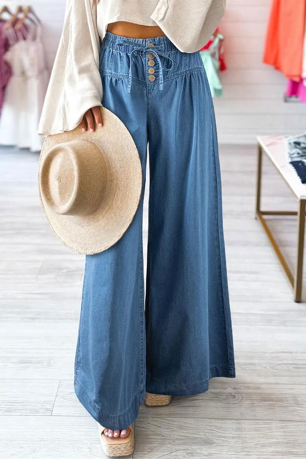 Drawstring Elastic Waist Wide Leg Jeans - Clothes For Her Online Store