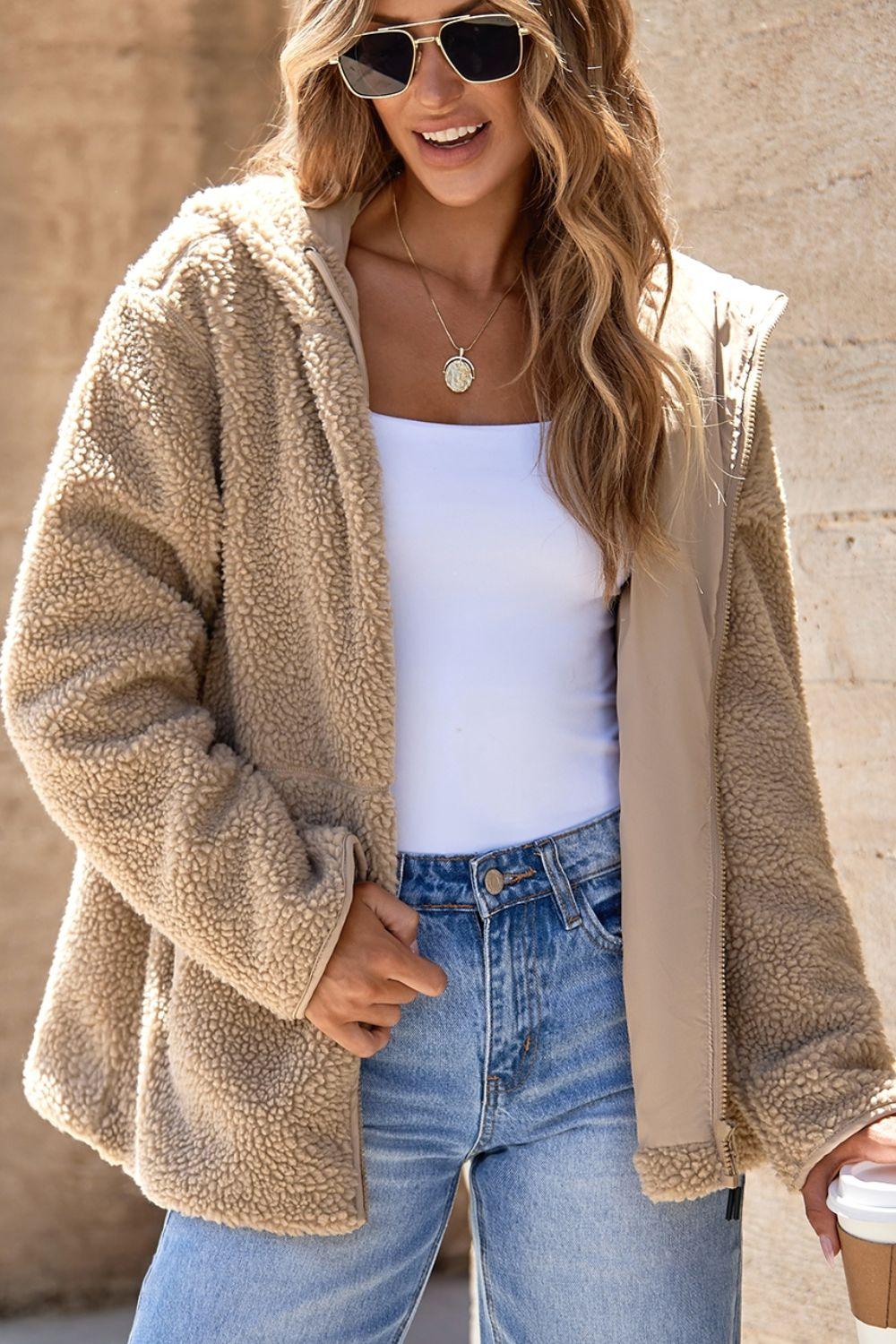 Drawstring Fleece Zip Up Hooded Jacket - Clothes For Her Online Store