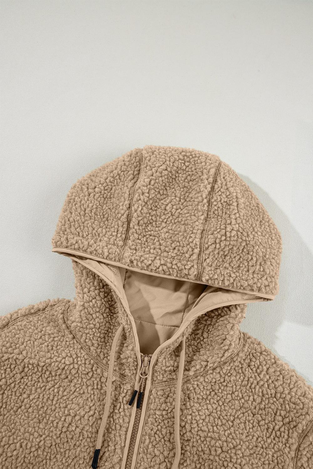 Drawstring Fleece Zip Up Hooded Jacket - Clothes For Her Online Store