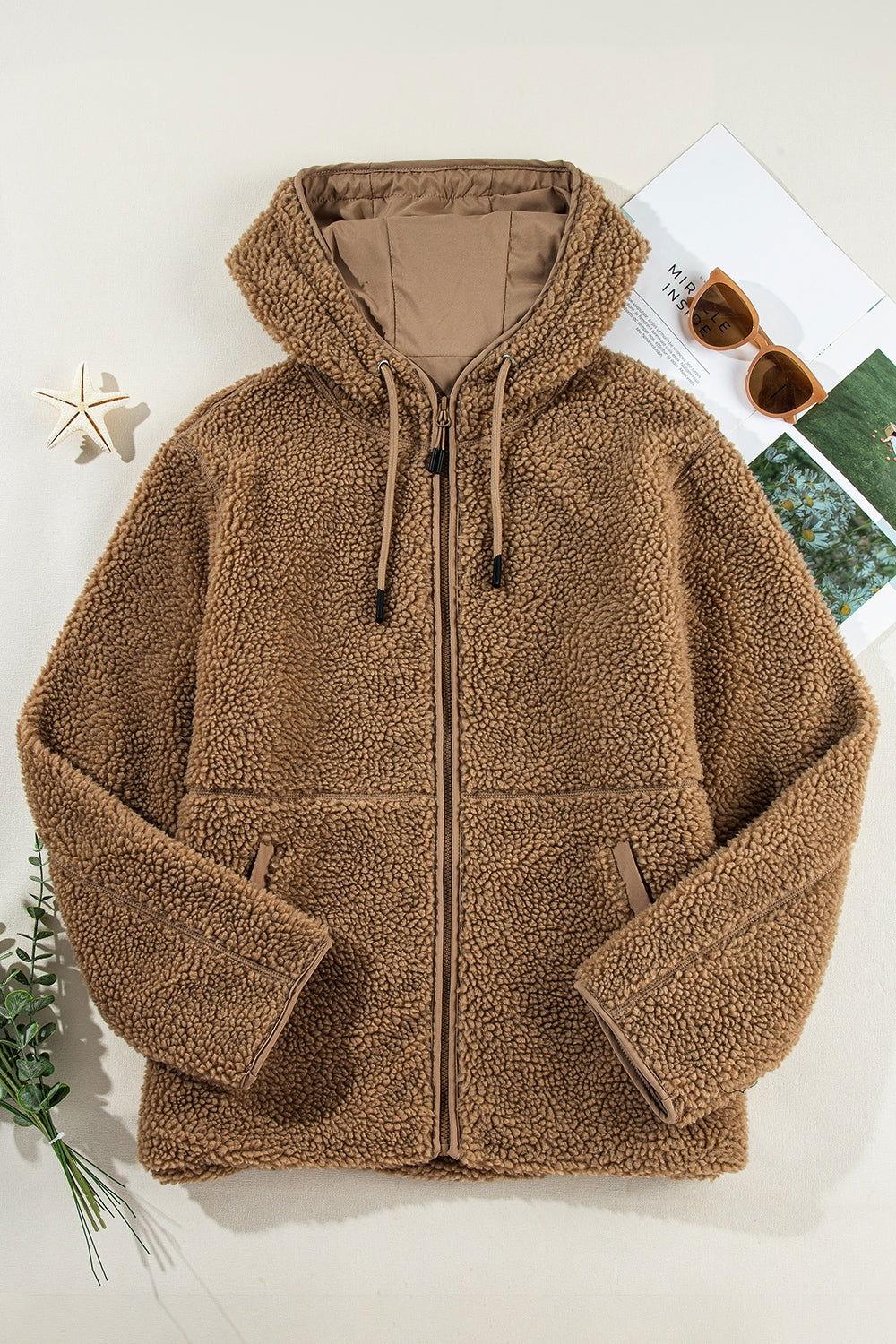 Drawstring Fleece Zip Up Hooded Jacket - Clothes For Her Online Store