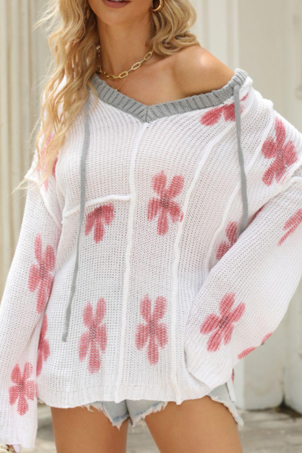 Drawstring Flower Hooded Knit Top - Clothes For Her Online Store