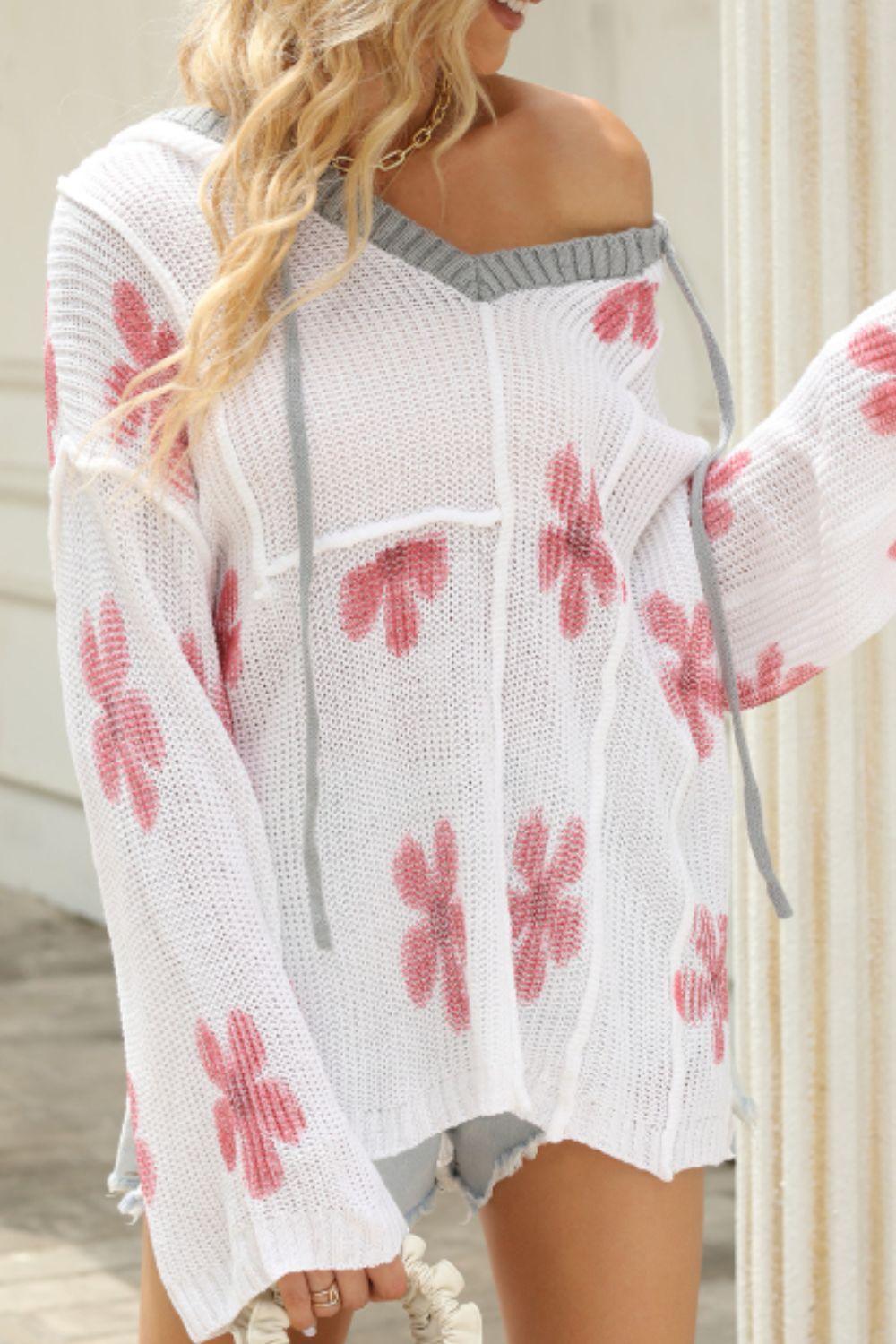 Drawstring Flower Hooded Knit Top - Clothes For Her Online Store