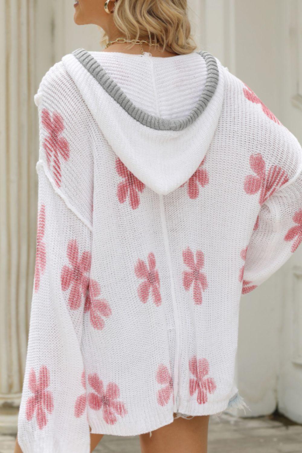 Drawstring Flower Hooded Knit Top - Clothes For Her Online Store